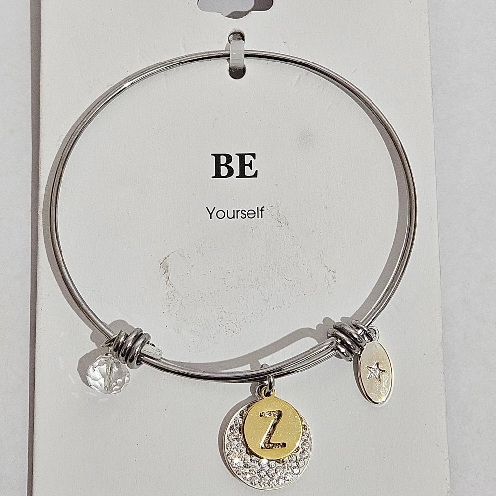 Unwritten Pave and Initial Disc Bangle Bracelet in Stainless Steel and Silver